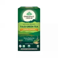 Зеленый чай тулси с лимоном и имбирем, 25 пакетиков, Органик Индия; Tulsi Green Tea with Lemon and Ginger, 25 Tea Bags, Organic India